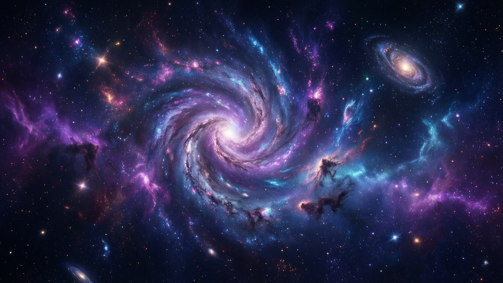 Galaxy Nebula Deep Space 壁紙 — 一個令人嘆為觀止的螺旋星系，在星場背景下旋轉著充滿活力的紫色、藍色和粉紅色星雲。
