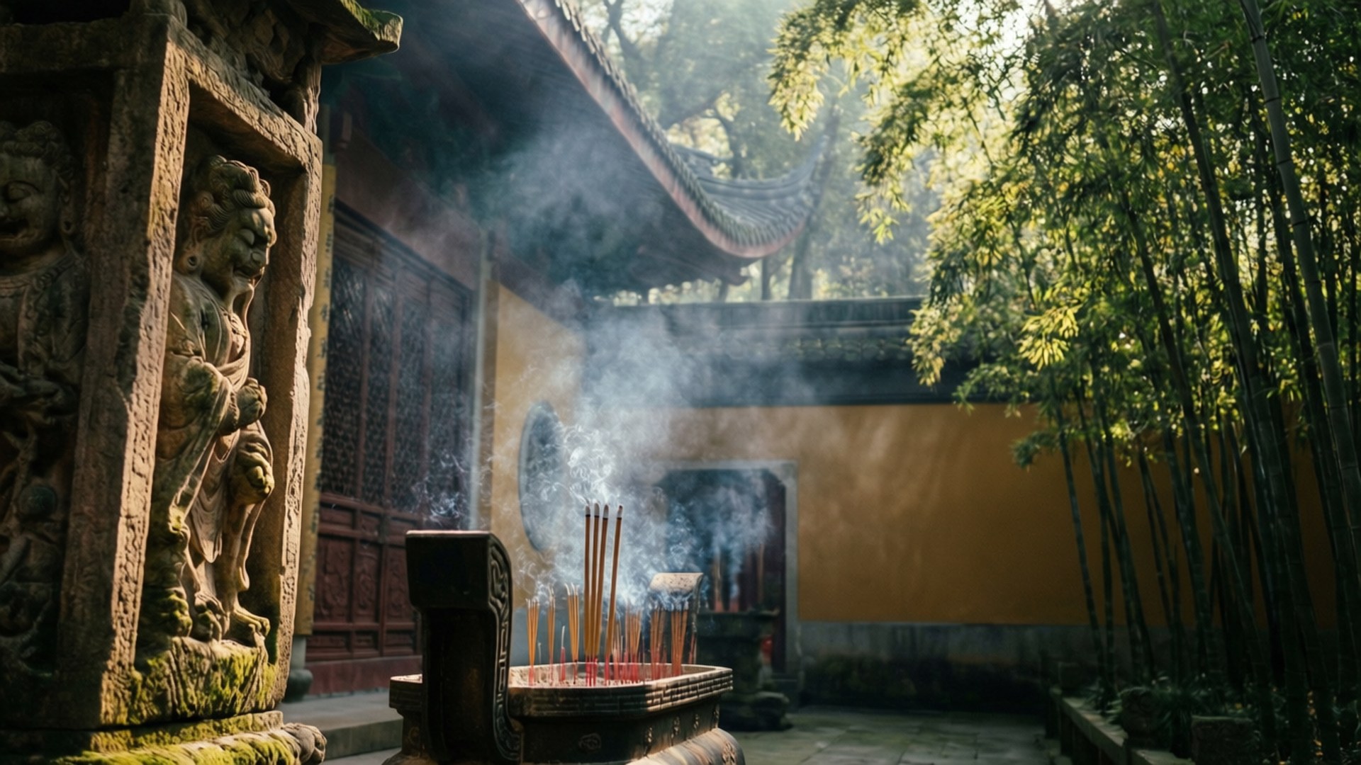 寺廟庭院中一個冒煙的石香爐，周圍環繞著竹子和雕刻雕像。