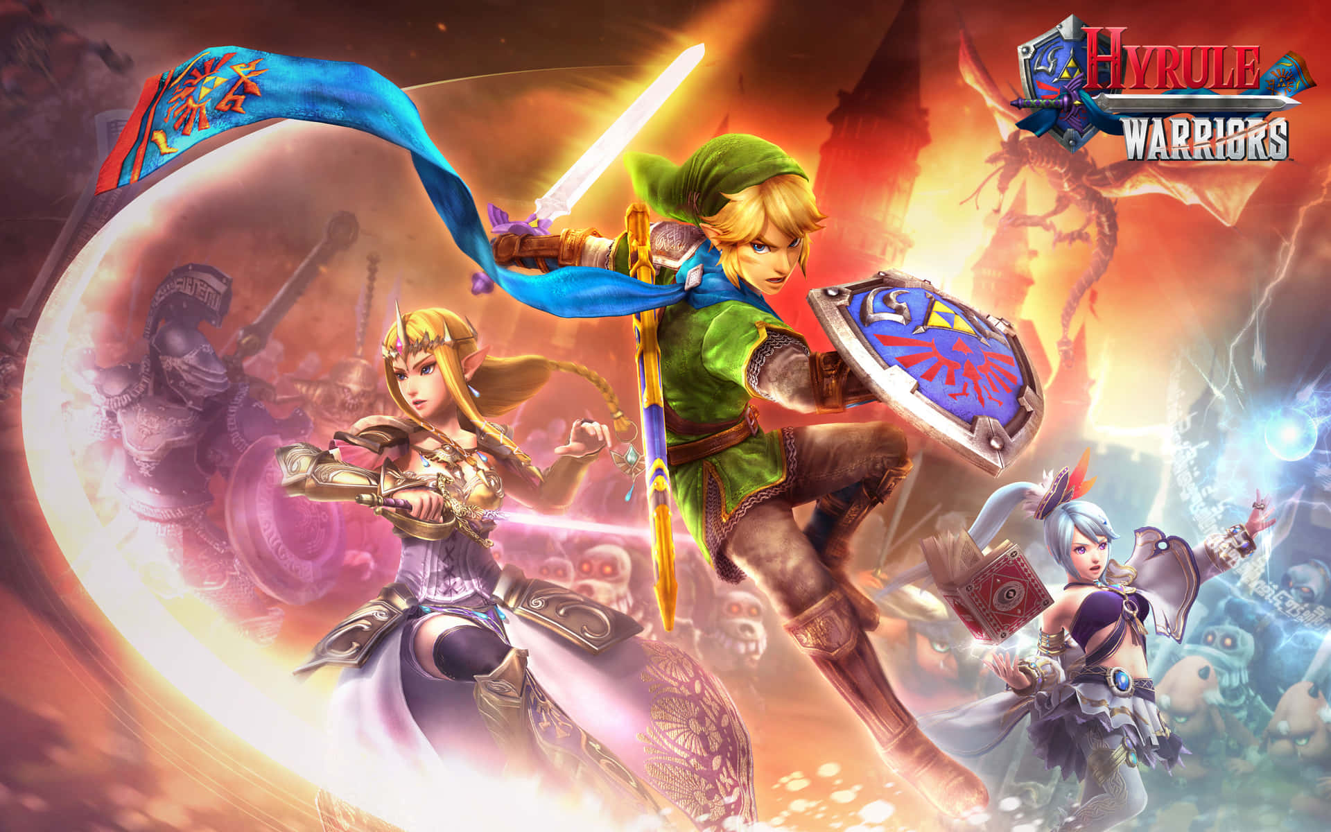  壁紙 — 林克和薩爾達與盟友並肩作戰，在《Hyrule Warriors》的動態遊戲場景中對抗火龍背景。