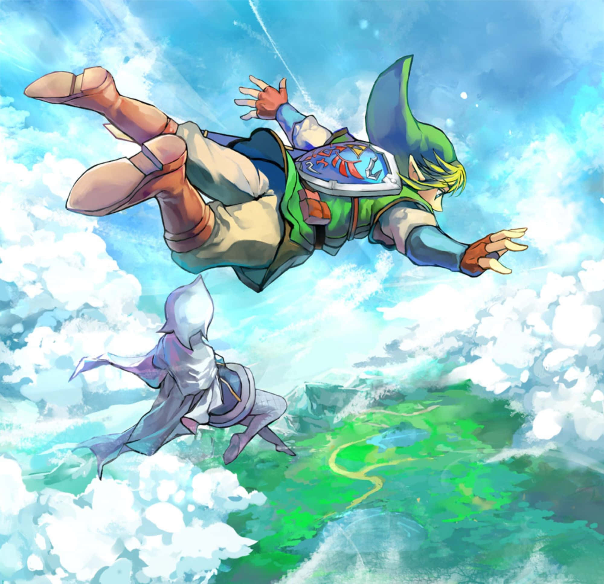 The Legend Of Zelda Skyward Sword 桌布 壁紙 — Link 和一個戴兜帽的身影在明亮的藍天中翱翔，下方是綠色的風景和蓬鬆的白雲。