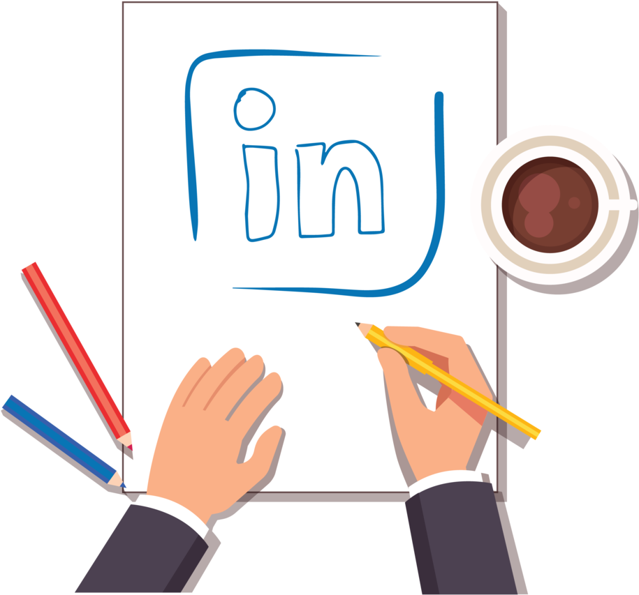LinkedIn個人簡介概念插畫 壁紙 — 一隻手用黃色鉛筆在紙上畫LinkedIn標誌，旁邊有一杯咖啡和彩色鉛筆。