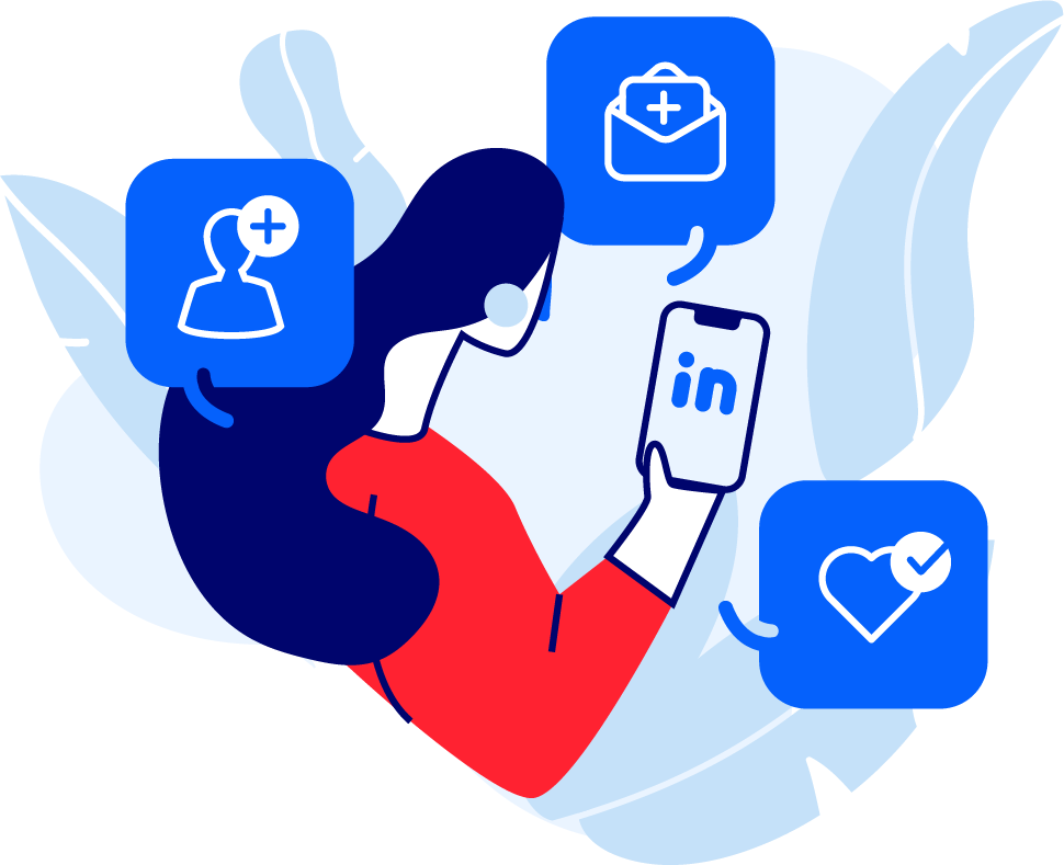 LinkedIn 網絡聯繫圖示 壁紙 — 一位風格化的紅藍女子使用被漂浮的專業圖標包圍的LinkedIn手機。