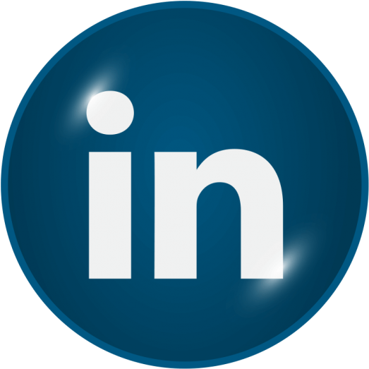 LinkedIn標誌圖標 壁紙 — 一個帶光澤的藍色圓形圖標，白色小寫字母 'in' 居中，背景為黑色。