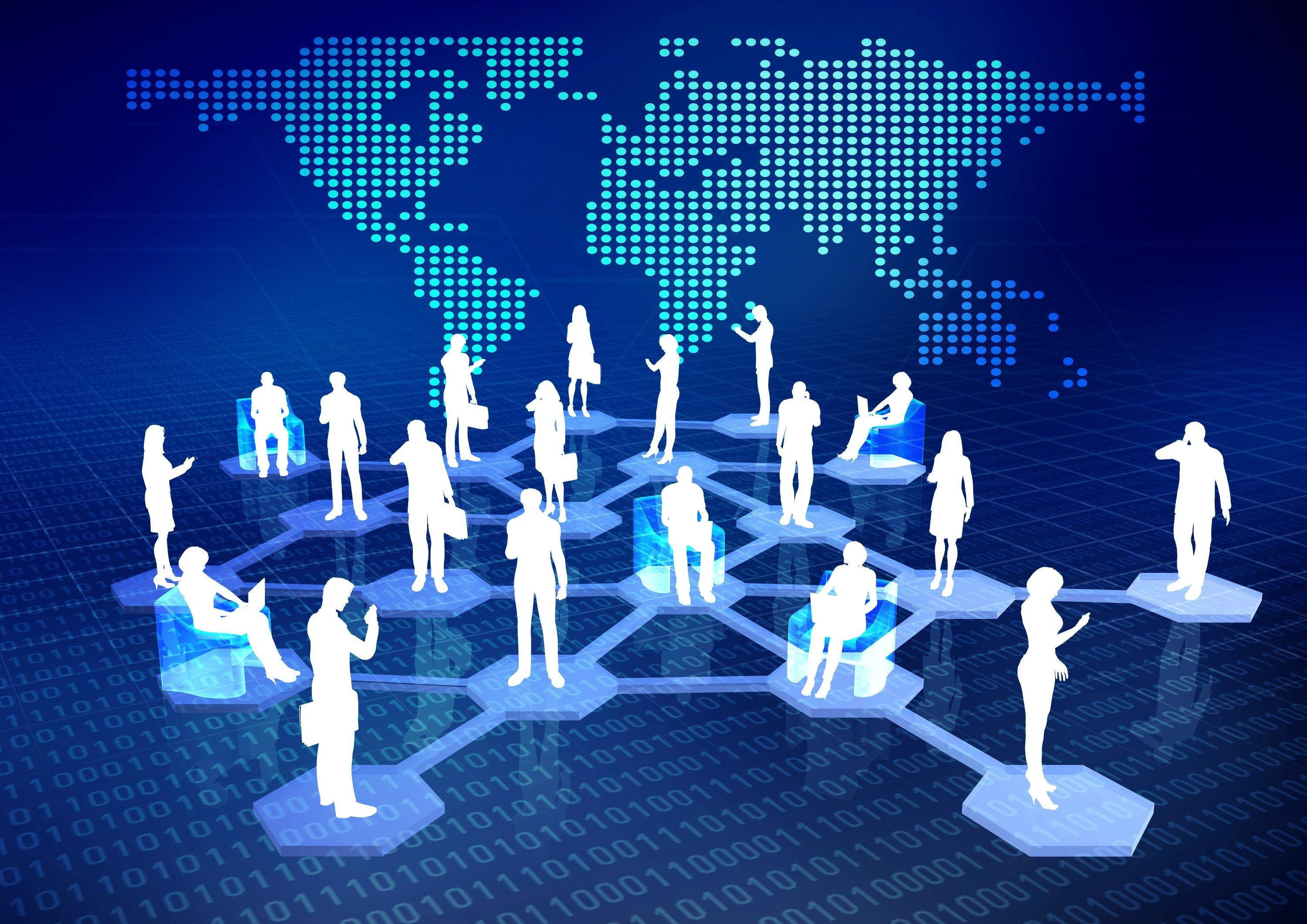 LinkedIn 世界連接 壁紙 — 白色剪影人物在像素化世界地圖下方，透過發光藍色六邊形網格相互連接。