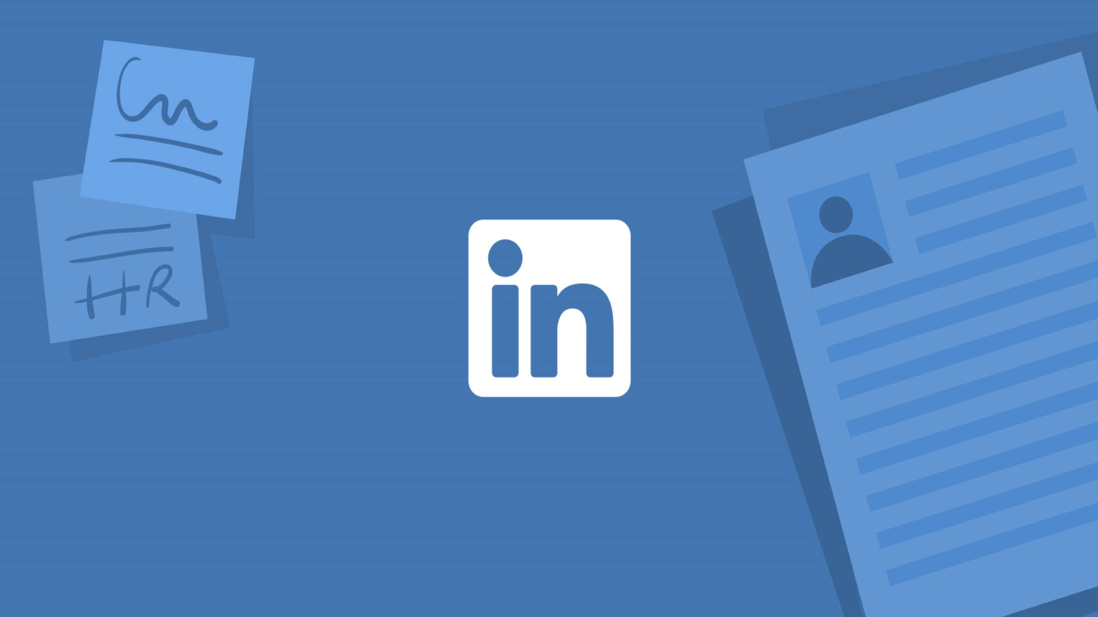 LinkedIn 人力資源文件藝術圖 壁紙 — LinkedIn 標誌居中在藍色背景上，帶有浮動的便利貼和文件圖標。