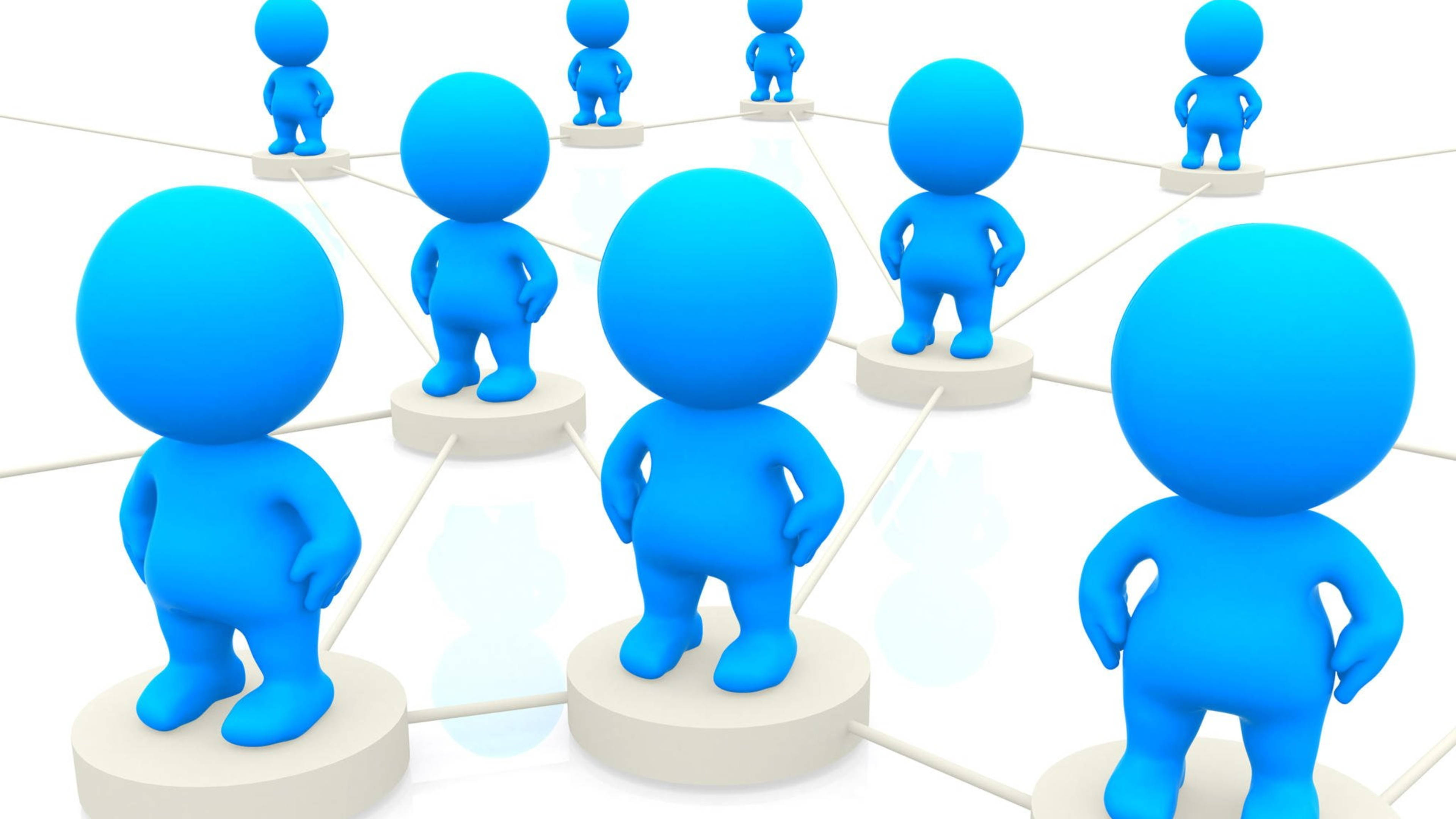 LinkedIn 人際連結 壁紙 — 藍色3D渲染人物站在圓形平台上，由線條連接形成網絡圖案。