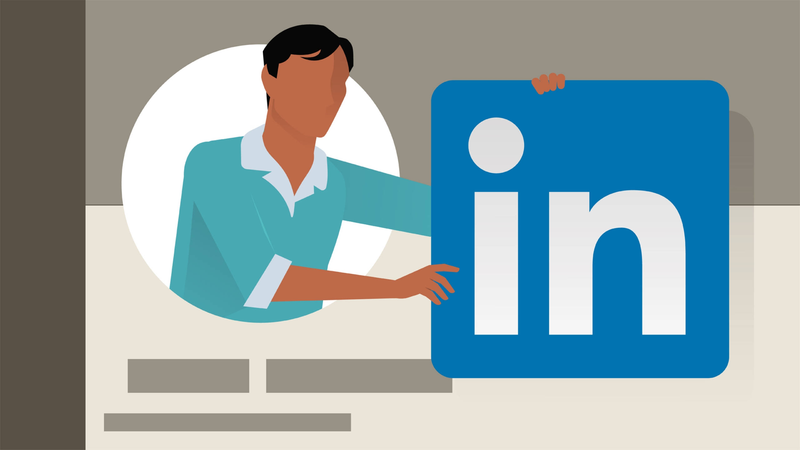 LinkedIn 個人簡介向量圖 壁紙 — 一個穿著青綠色襯衫的風格化人物，在極簡背景前拿著一個大的藍色LinkedIn標誌。