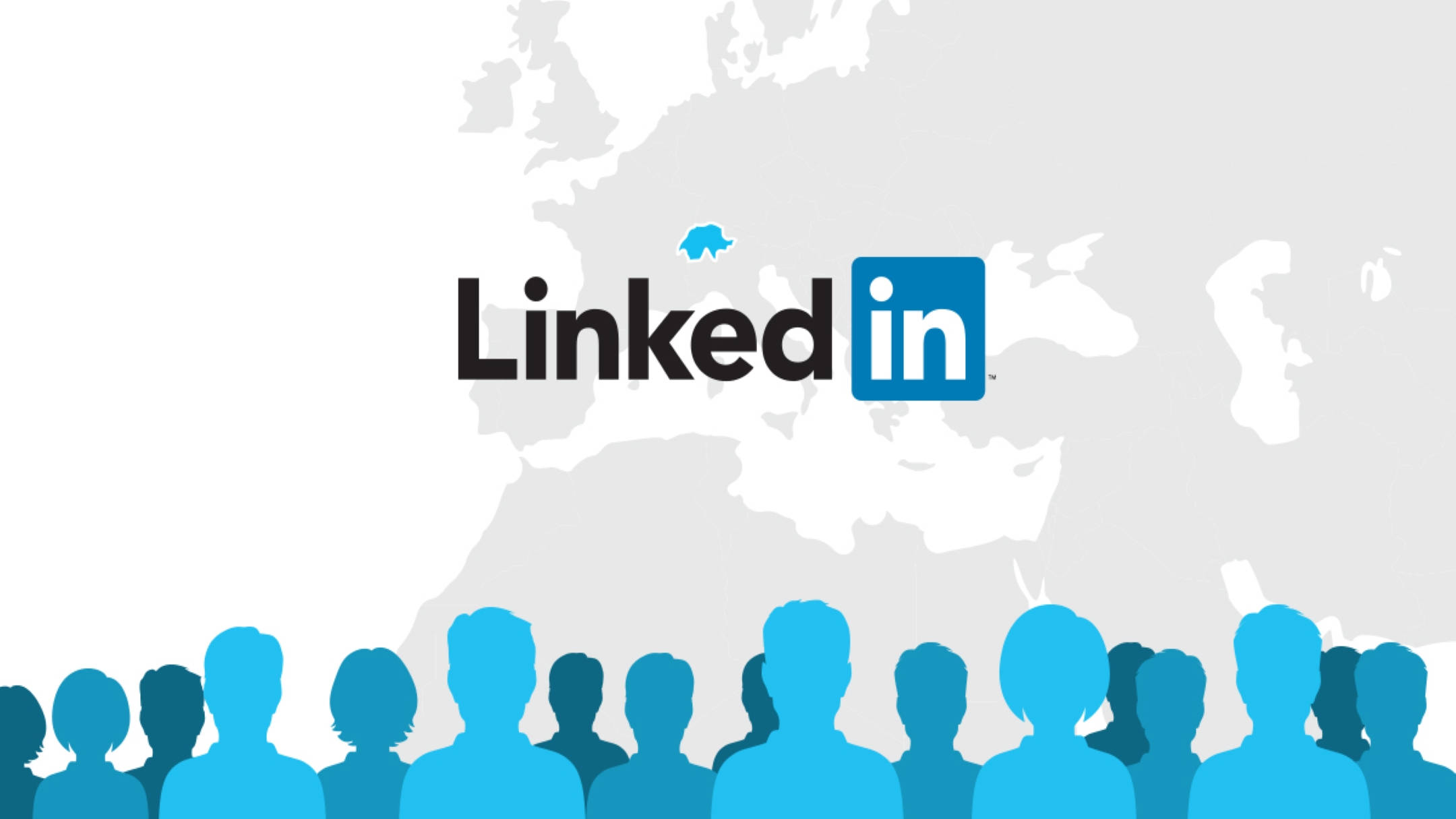 LinkedIn 全球網絡 壁紙 — 藍色人物剪影站在灰色歐洲地圖前，LinkedIn 標誌居中。
