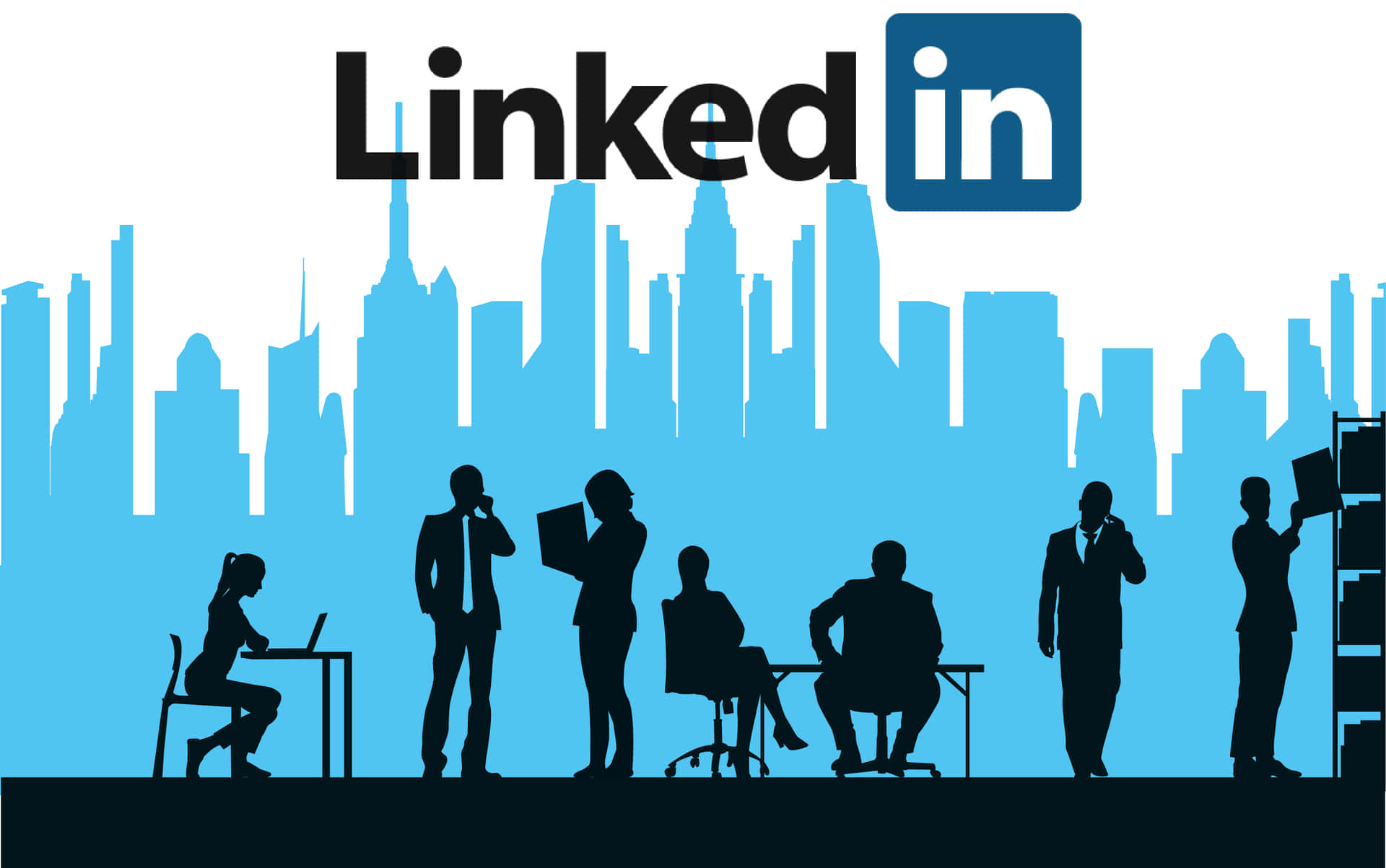 在帶有城市天際線和LinkedIn標誌的辦公室中工作的商業專業人士的剪影。