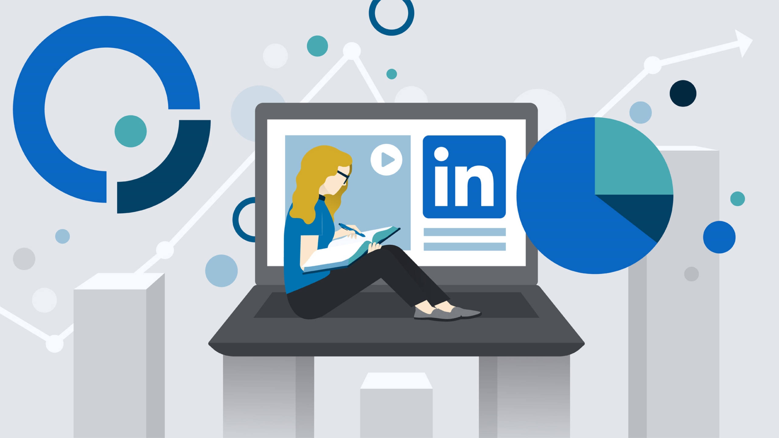 LinkedIn 女士使用電腦 壁紙 — 一個風格化的女人坐在顯示LinkedIn的筆記本電腦上，周圍環繞著商業圖表和圖形。