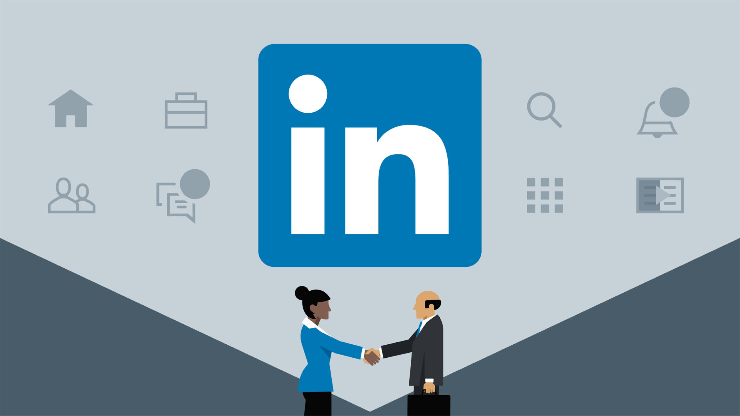 LinkedIn 學習握手 壁紙 — 兩名商業專業人士在一個大型 LinkedIn 標誌下握手，周圍環繞著專業圖標。