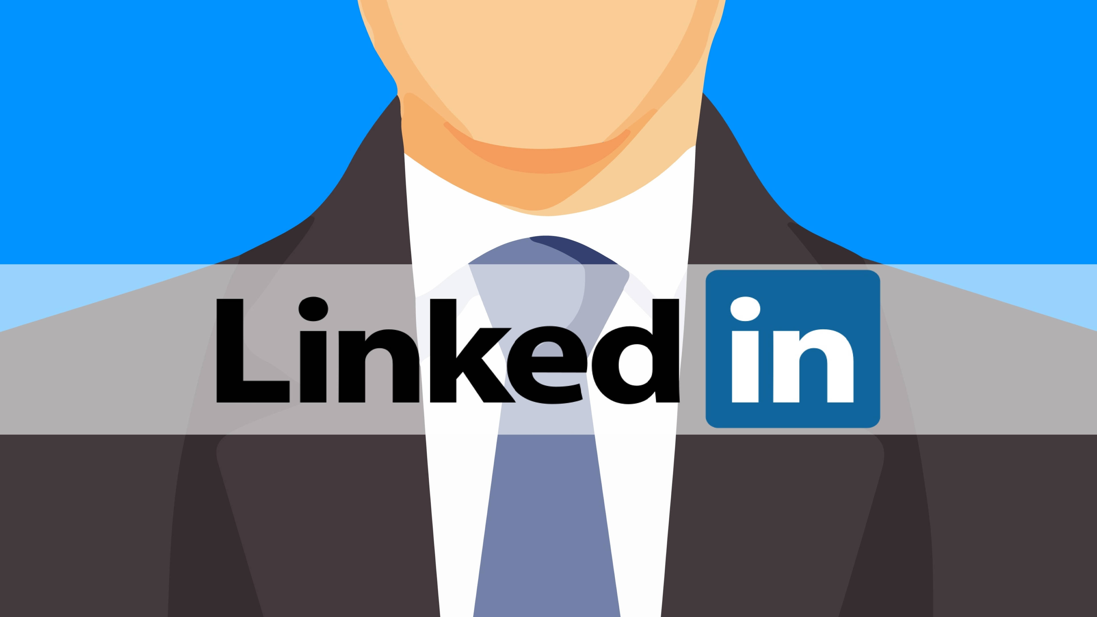 LinkedIn 宣傳語標誌藝術 壁紙 — 一個風格化的插圖，描繪一位身穿西裝的商人，胸前顯眼地展示著LinkedIn標誌。