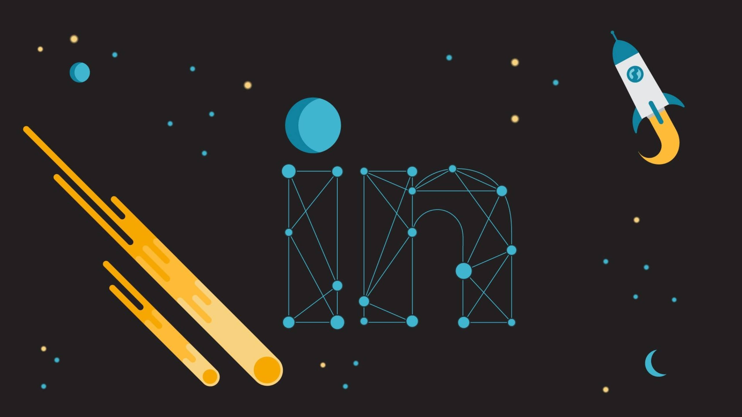 LinkedIn 星象圖形 壁紙 — 一個由相互連接的點和線組成的風格化LinkedIn標誌，與火箭和流星一起漂浮在太空中。