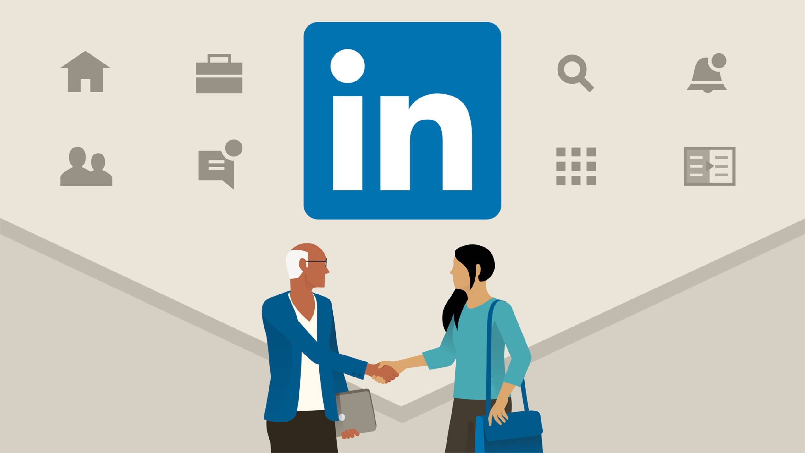 LinkedIn 社交應用程式標誌 壁紙 — 兩位專業人士在一個被商業圖標環繞的大型LinkedIn標誌下握手。