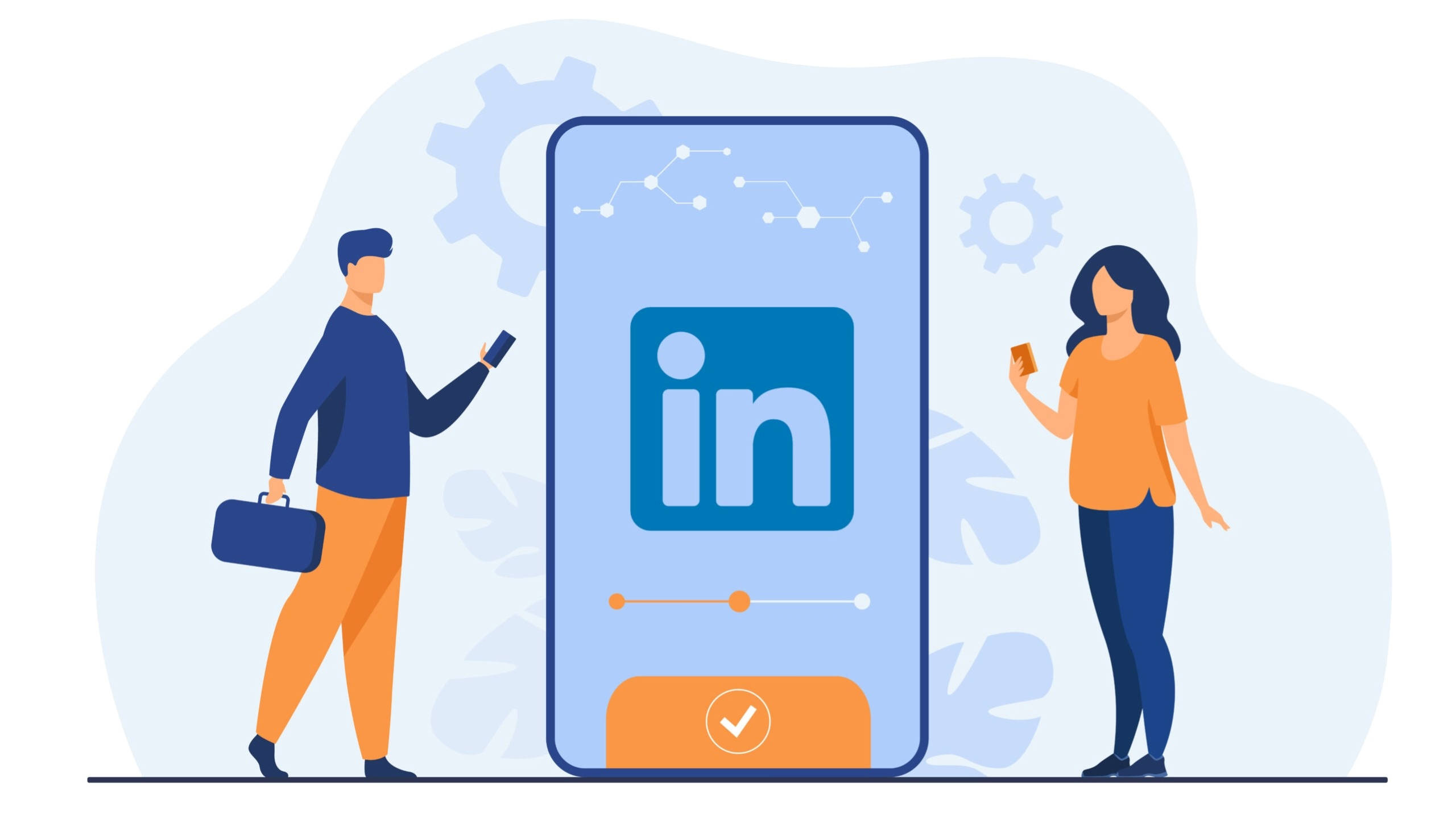 LinkedIn 移動應用隨行體驗 壁紙 — 兩位風格化的專業人士與一個顯示工作批准勾號的巨型LinkedIn智能手機互動。