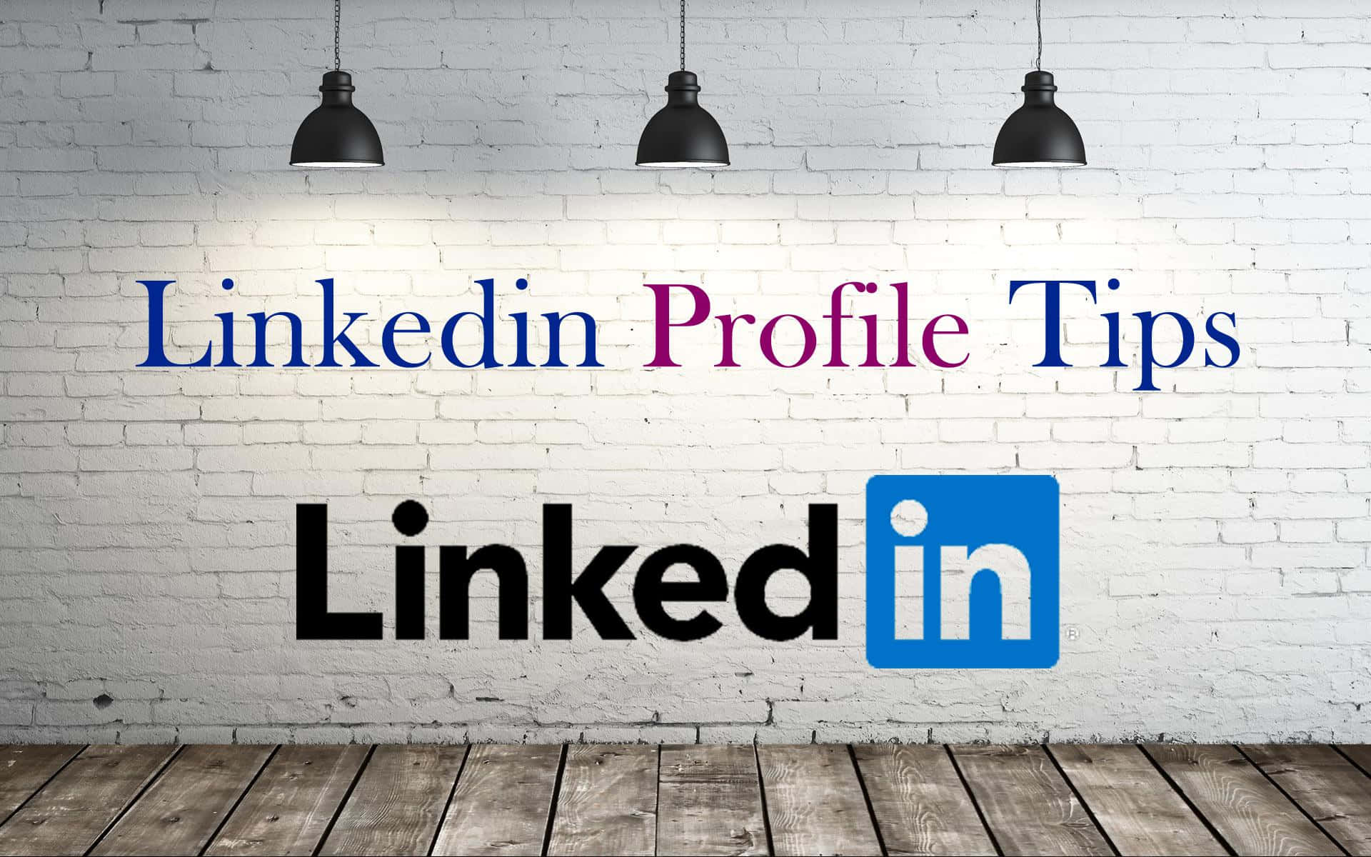 白色磚牆，在吊燈下顯示LinkedIn個人資料提示文字和標誌。