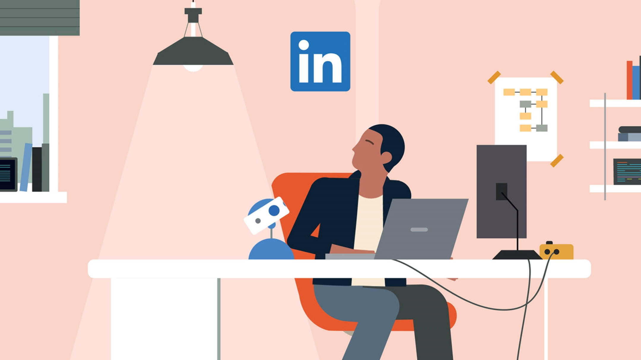 LinkedIn 辦公室員工藝術 壁紙 — 一名男子在現代辦公室中坐在辦公桌前，桌上放著手提電腦和機械人助手，上方有一盞吊燈。