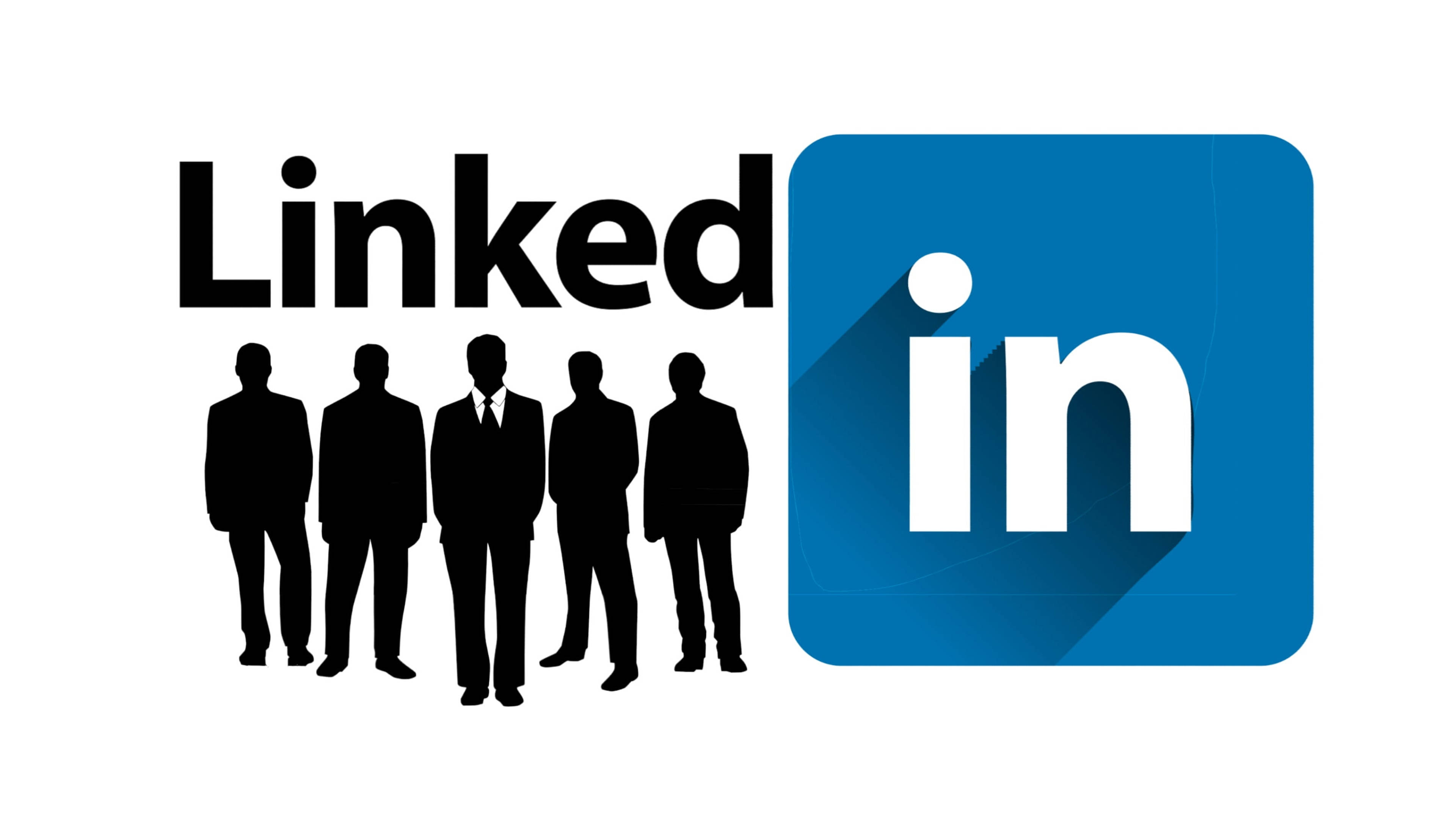 LinkedIn專業人士標誌 壁紙 — 五個黑色剪影的商業專業人士站在白色背景上的LinkedIn標誌下方。