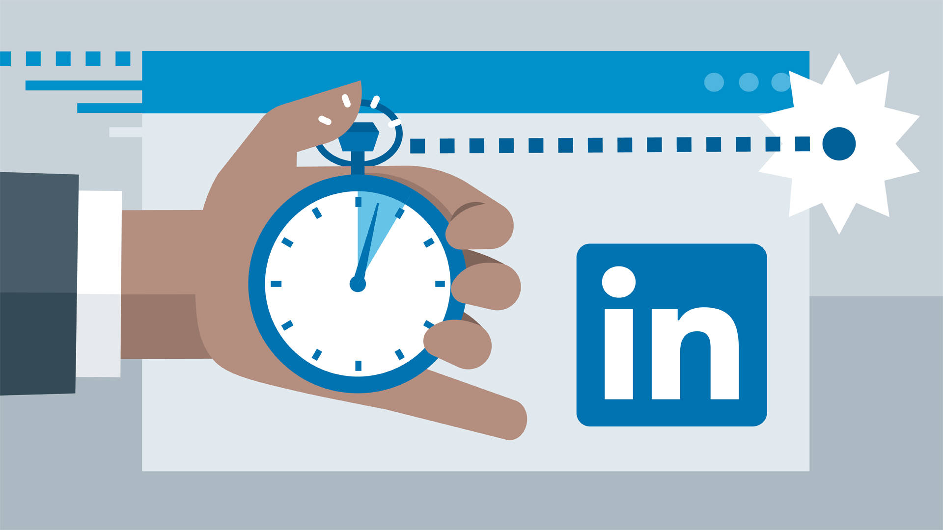 LinkedIn打卡上班藝術 壁紙 — 一隻手拿著計時器，對著一個帶有LinkedIn標誌和星爆圖案的瀏覽器視窗。