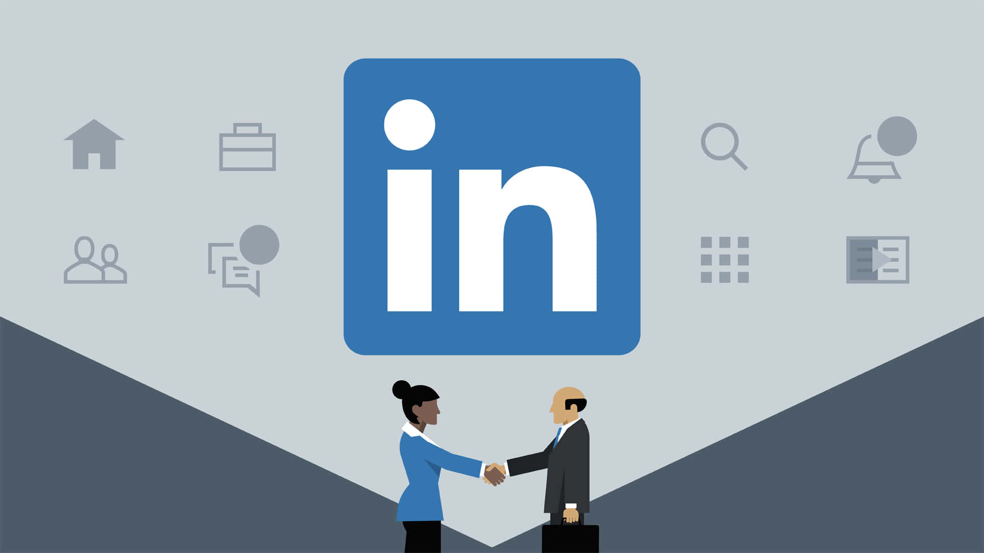 兩人在 LinkedIn 標誌下握手，周圍有商業圖標。