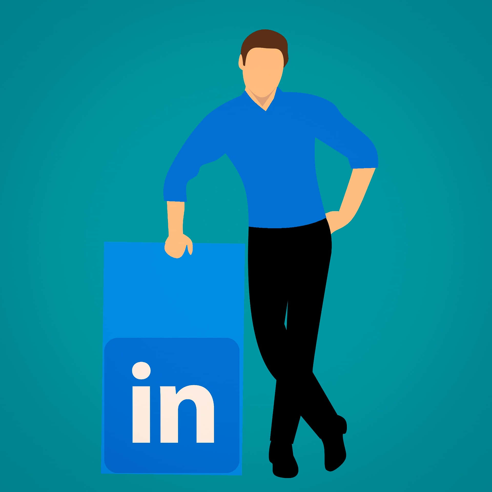 男士靠在藍色和青綠色的 LinkedIn 標誌旁