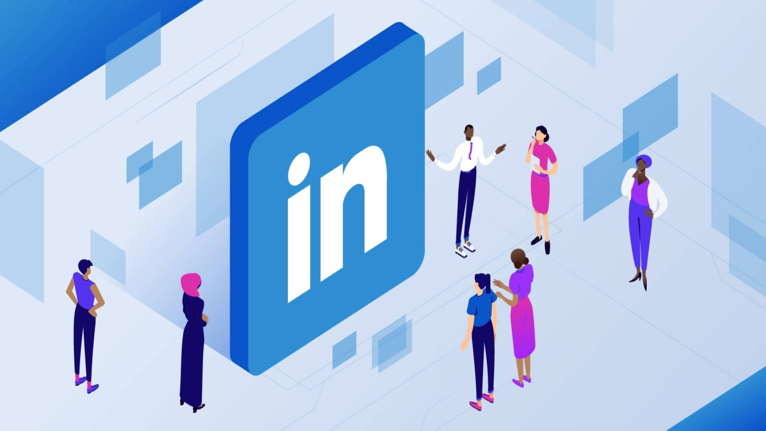 LinkedIn網絡藝術 壁紙 — 在現代數碼空間中，不同專業人士圍繞大型LinkedIn標誌進行社交的等距插圖。