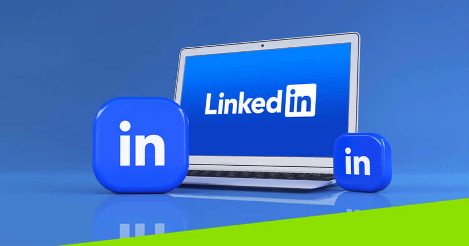 筆記型電腦上顯示 LinkedIn 標誌和浮動的 LinkedIn 圖示，背景為藍色和綠色。