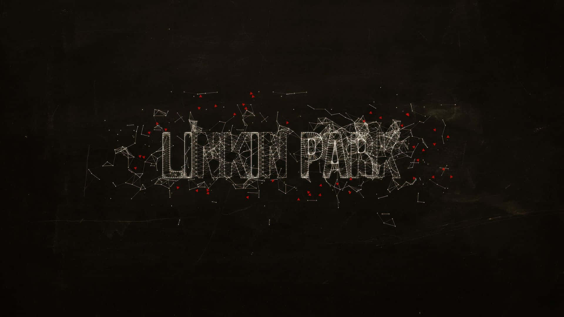  壁紙 — 樂隊名稱 Linkin Park 以碎片化的白色線框風格呈現，帶有紅色圓點，背景為有紋理的黑色。
