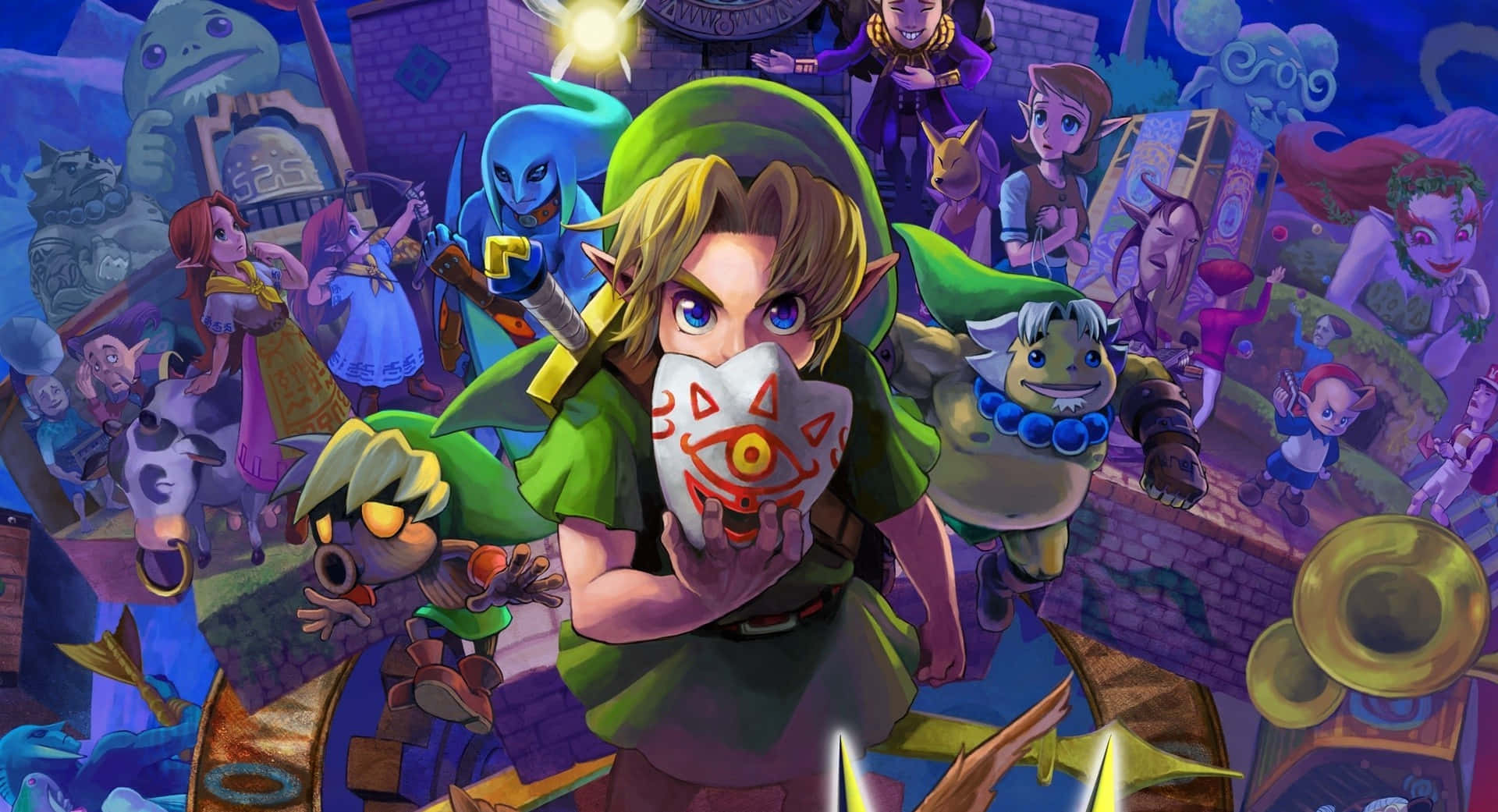 The Legend Of Zelda Characters 桌布 壁紙 — Link手持發光面具，被各種奇幻角色包圍在一個充滿活力、擁擠、神奇的場景中。