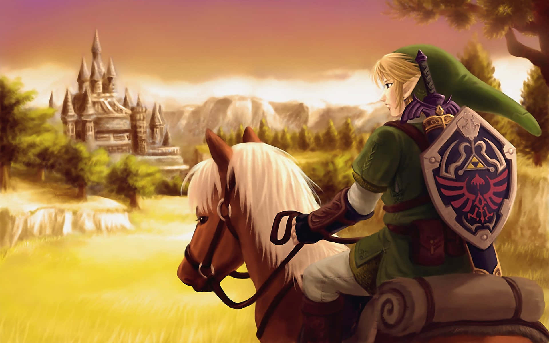 The Legend Of Zelda Epona 桌布 壁紙 — Link騎著一匹白馬，在溫暖的夕陽天空下，朝著遠處的城堡前進，周圍是起伏的山丘和樹木。