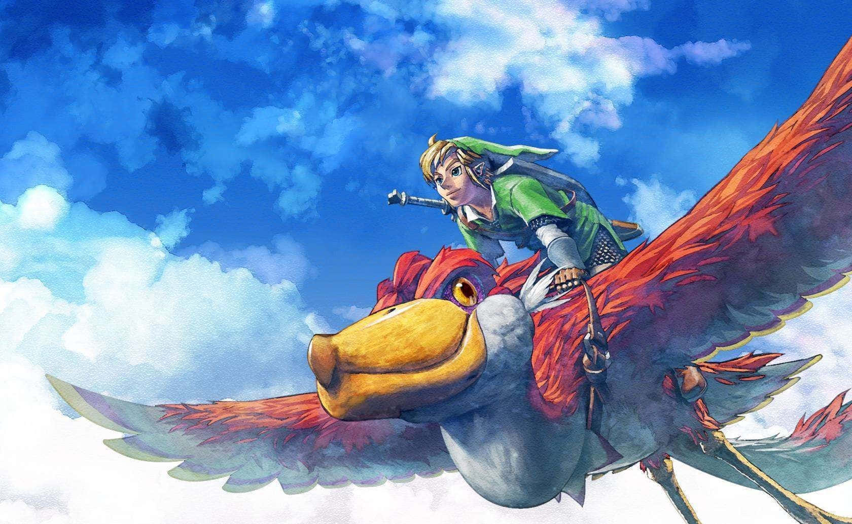 The Legend Of Zelda Skyward Sword 桌布 壁紙 — Link騎著一隻紅鳥，在明亮的藍天和 fluffy 白雲中飛翔，呈現動態的動漫場景。