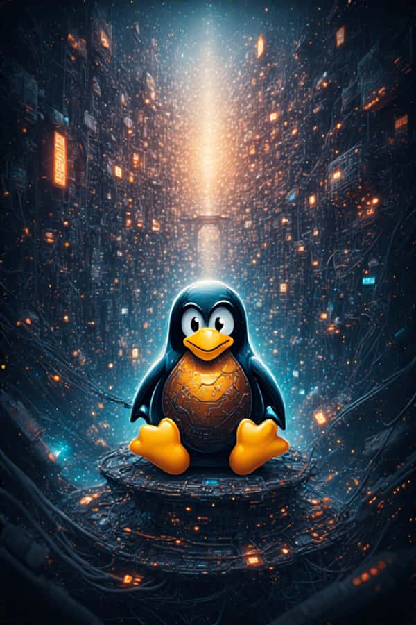 未來 Linux 賽博龐克 4K 壁紙 — 一隻卡通企鵝，腹部發出橙色光芒，坐在一個圓形平台上，背景是黑暗的未來城市景觀，被金色光束和漂浮的數碼粒子照亮。