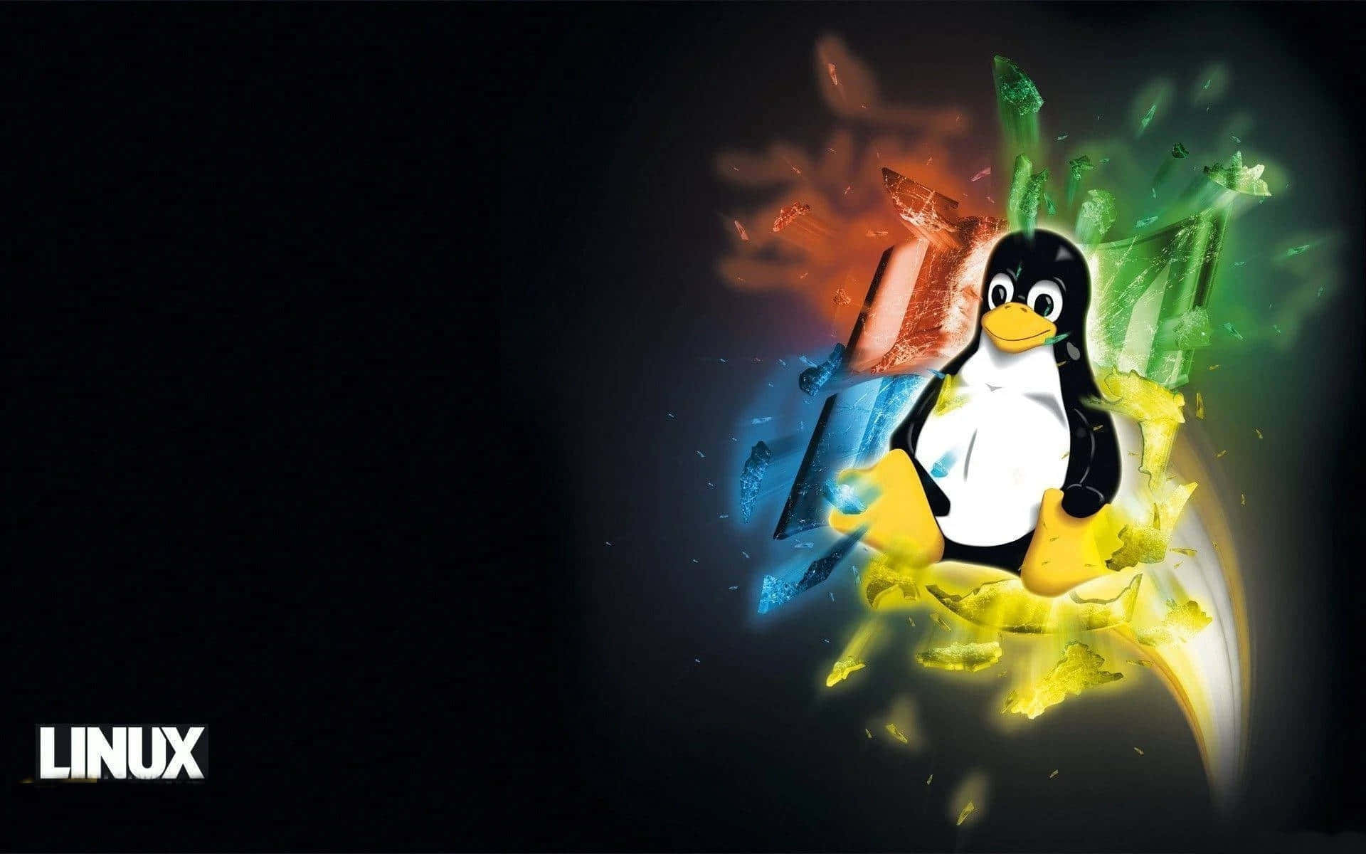 探索 Linux 的無限可能 壁紙 — 一隻卡通企鵝衝破色彩繽紛的數碼爆炸，帶有火橙色和電光綠色的碎片，背景為黑色。