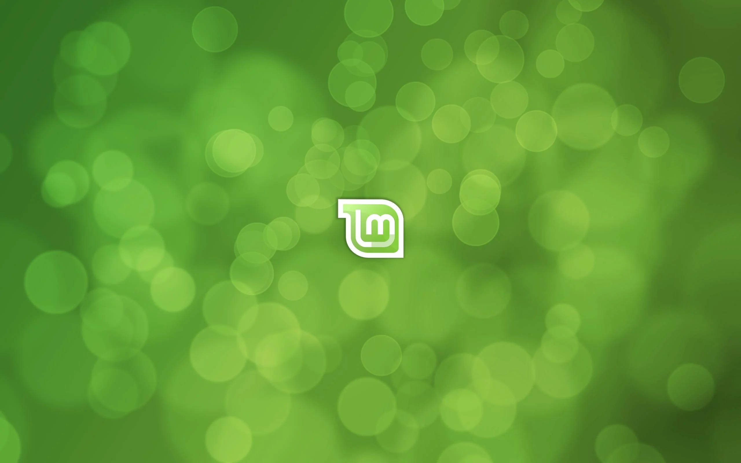 Linux Mint 9 操作系統預設啟動畫面 壁紙 — 一個簡約的綠色散景背景，中央有一個白色風格化標誌，位於柔和發光的圓圈中。