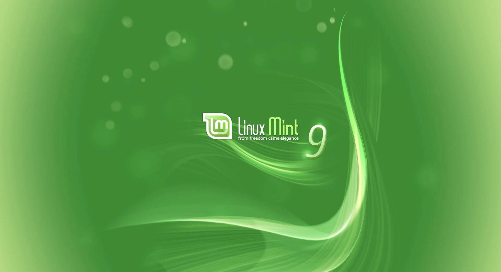 Linux Mint 9 操作系統綠色 Logo 壁紙 — 充滿活力的綠色數碼牆紙，帶有 Linux Mint 9 標誌、流動的光漩渦和散景效果。