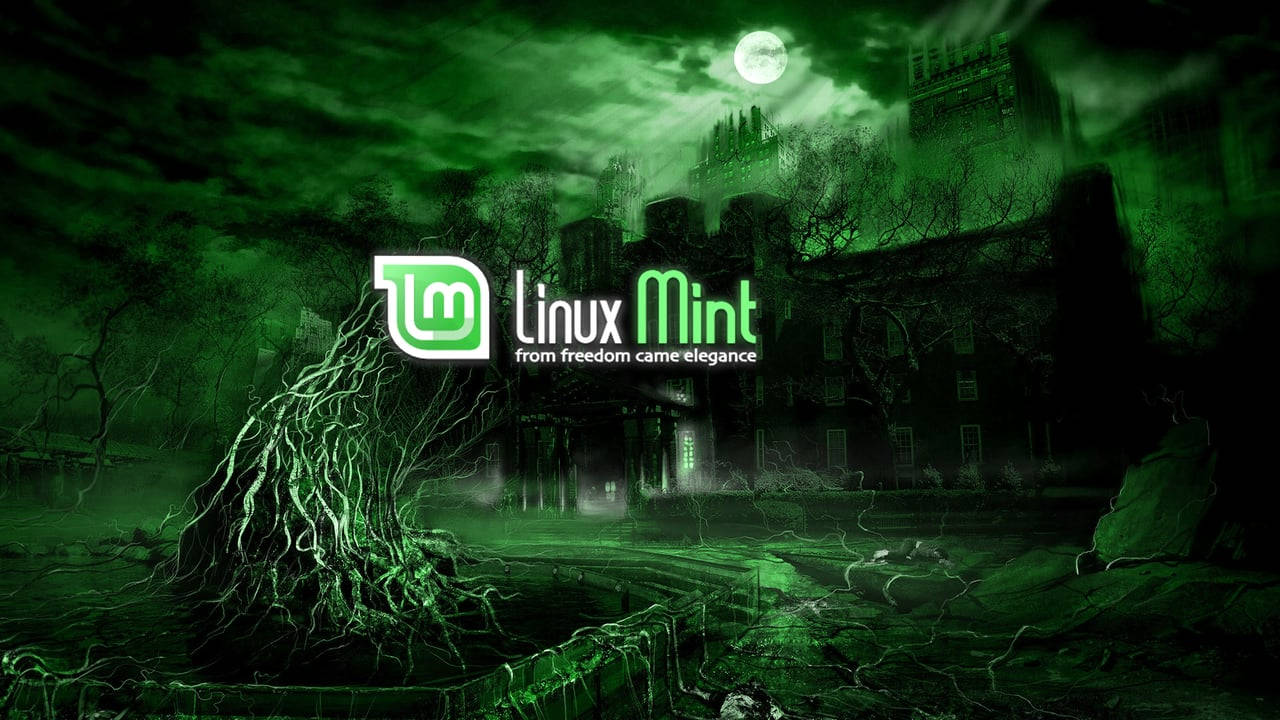 綠色月亮下的鬼屋，前景有發光的 Linux Mint 標誌。 — 電腦 GIF 壁紙