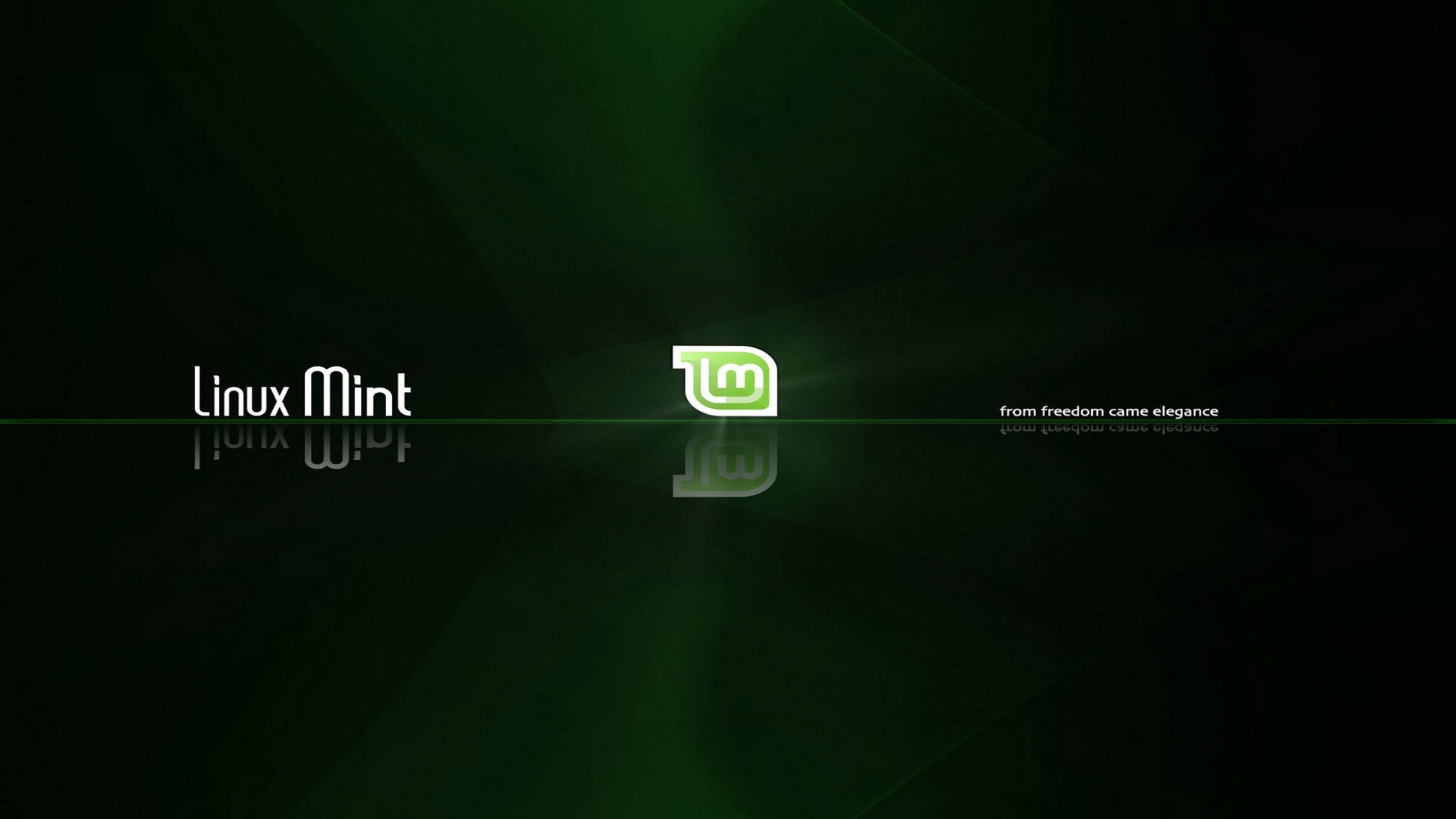 Linux Mint 標誌在深色背景上發出綠色光芒並附有標語