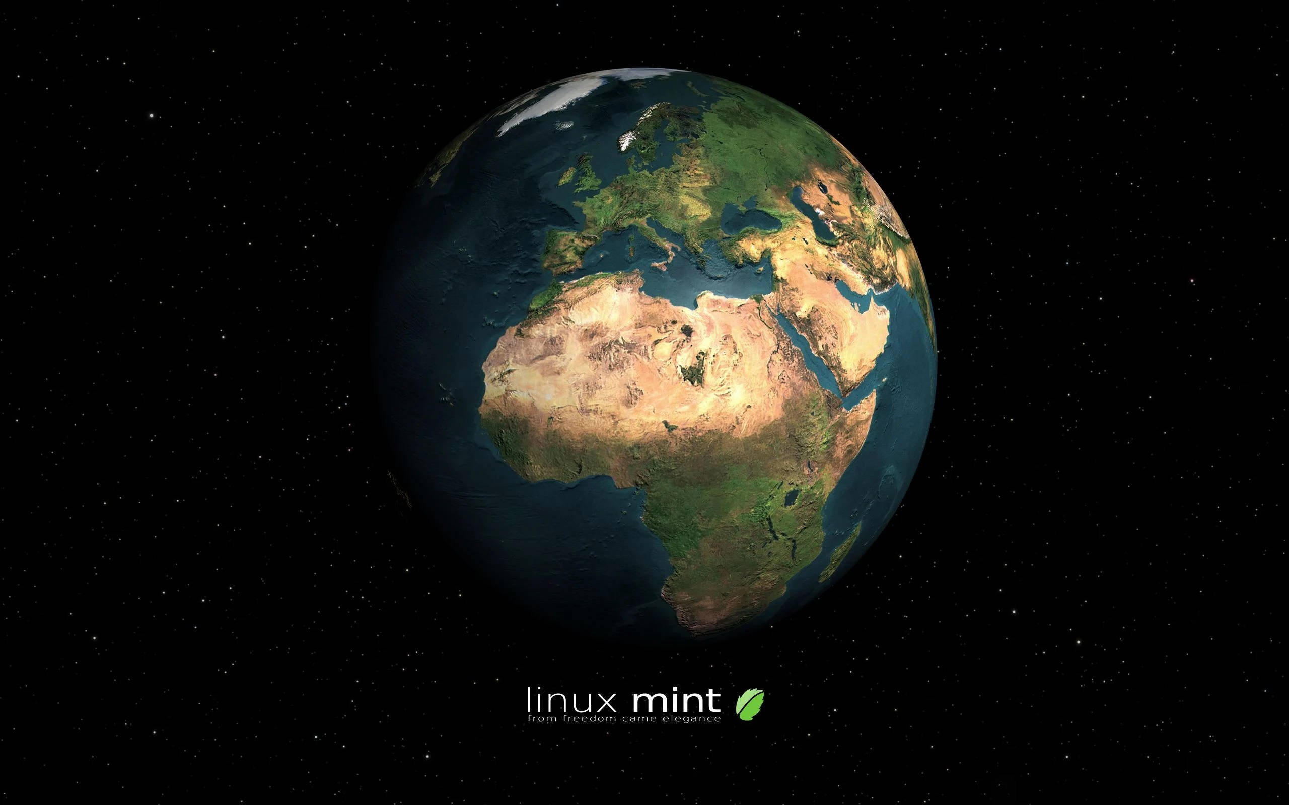 Linux Mint 操作系統 Logo 與地球 壁紙 — 從太空看到的地球詳細3D渲染圖，突出非洲、歐洲和亞洲，背景是繁星點點的黑色天空。