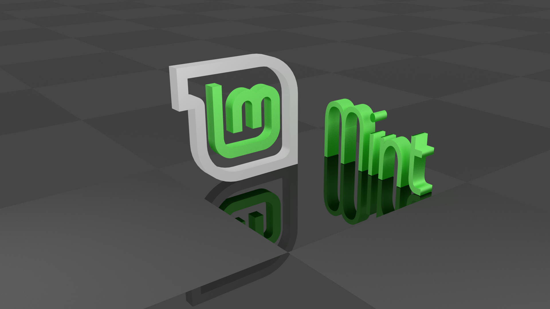 Linux Mint 操作系統 3D 標誌於圖形磁磚背景 壁紙 — 綠色3D Mint標誌和圖示放置在帶有反射表面和柔和陰影的深色棋盤格地板上。