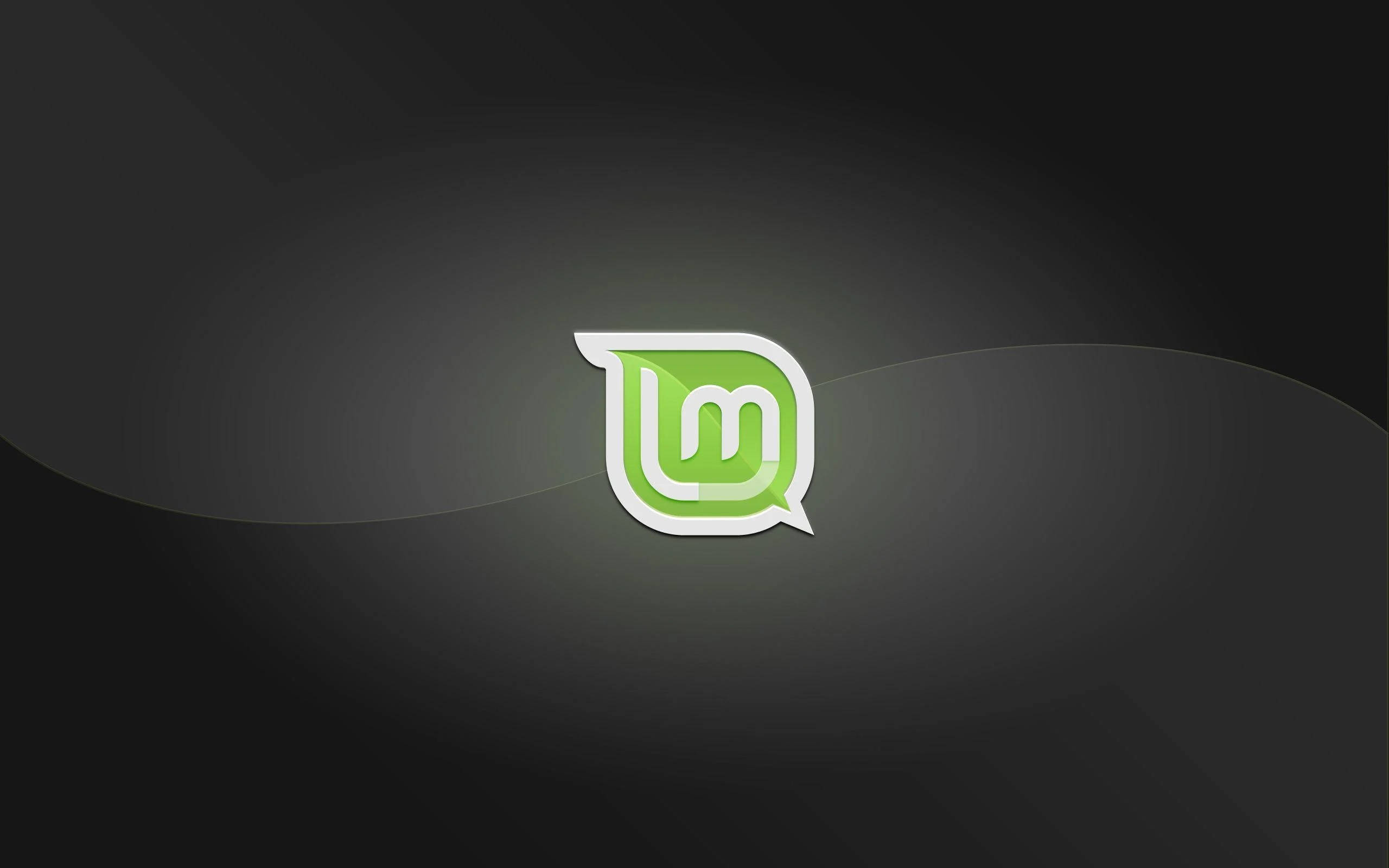 Linux Mint 操作系統 Logo 流線型設計 壁紙 — 一個發光的綠色對話框標誌，帶有白色輪廓，居中放置在帶有柔和彎曲高光的深色漸變背景上。