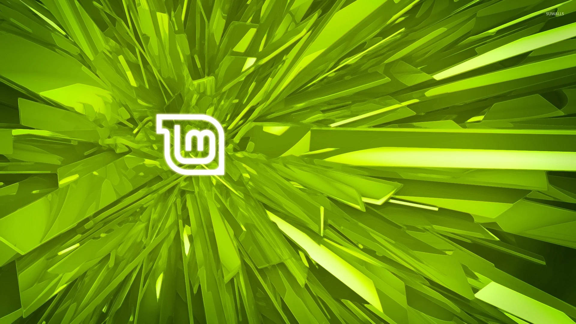 Linux Mint 操作系統 Logo 3D尖刺效果 壁紙 — 一個白色風格化標誌，位於充滿活力的綠色水晶爆炸中心，尖銳的幾何碎片向外輻射。
