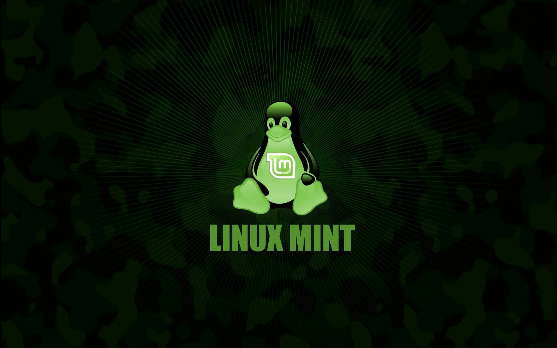 深綠色迷彩背景上的綠色Linux Mint企鵝標誌。 — 電腦 GIF 壁紙