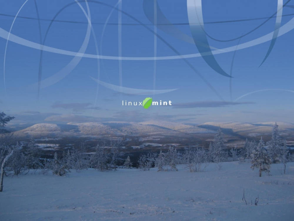 Linux Mint 操作系統標誌搭配冬季主題 壁紙 — 白雪覆蓋寧靜的冬季樹木和遠山，在帶有抽象白色漩渦的寧靜藍天下。