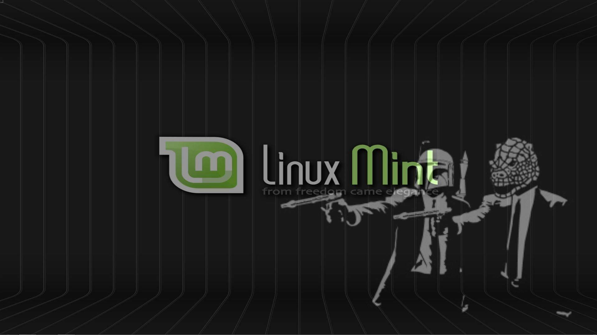 Linux Mint 操作系統標誌與蒙面持槍男子 壁紙 — Linux Mint 標誌，兩個風格化人物持槍，背景為黑色並帶有匯聚線條。