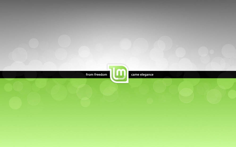 Linux Mint 操作系統標誌與口號 壁紙 — 簡約風格的牆紙，採用綠色和灰色漸變背景，帶有柔和散景圓圈，中央有黑色橫幅，包含文字和標誌。