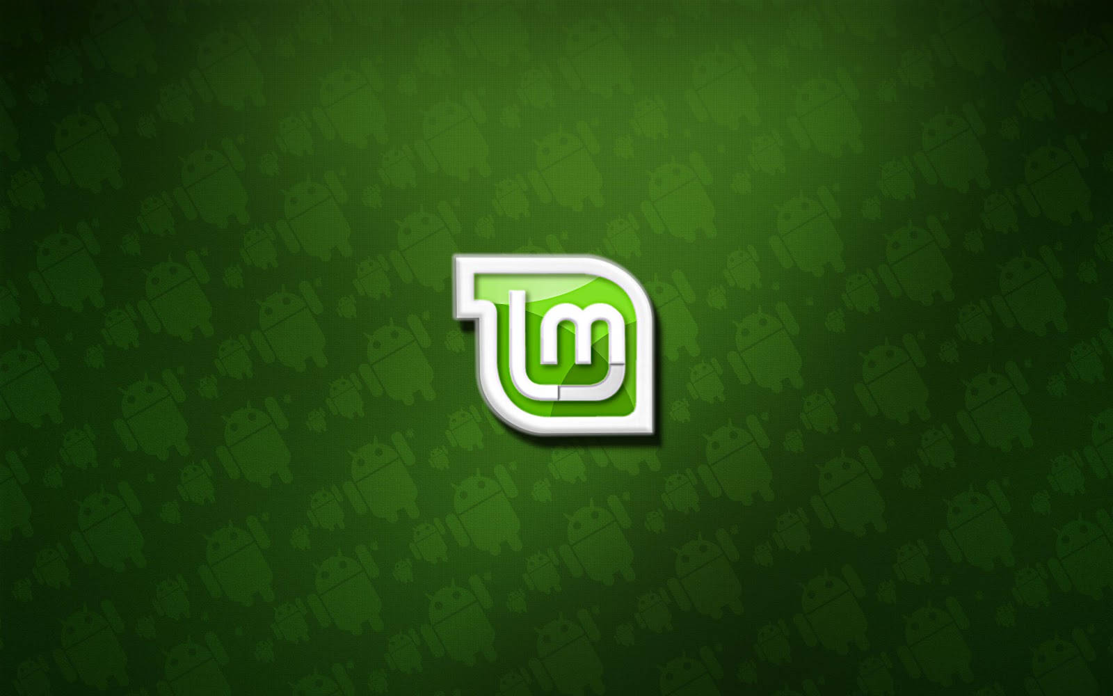 Linux Mint 操作系統與 Android 標誌 壁紙 — 一個發光的綠色Android標誌，居中於帶有微弱Android機械人剪影圖案的深綠色背景上。