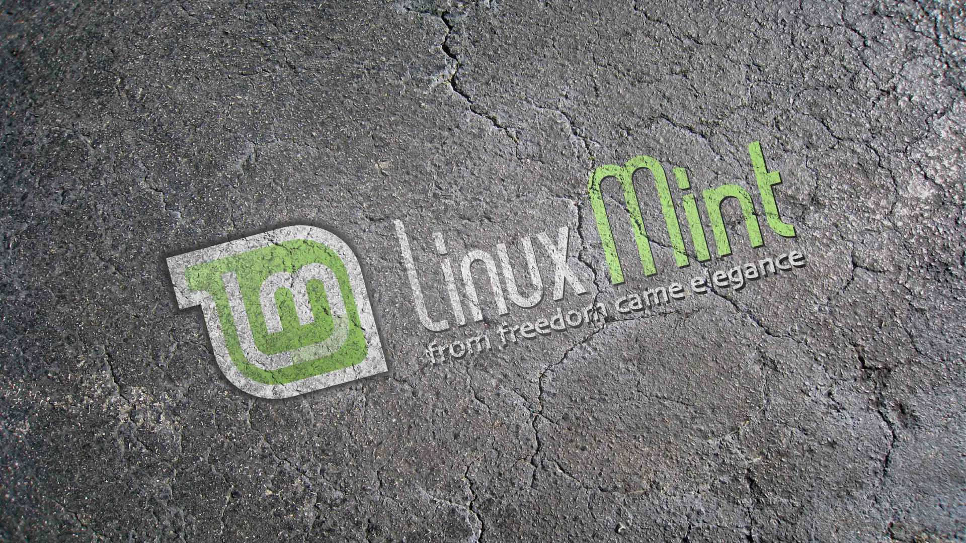 Linux Mint作業系統標誌印於裂縫水泥地 壁紙 — Linux Mint 標誌和標語蝕刻在裂開的灰色混凝土上，帶有綠色和白色文字。