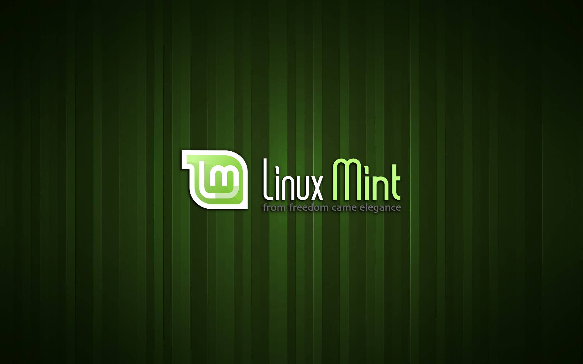 Linux Mint作業系統綠黑條紋背景 壁紙 — Linux Mint 標誌居中顯示在深綠色垂直條紋背景上，帶有發光的綠色文字。