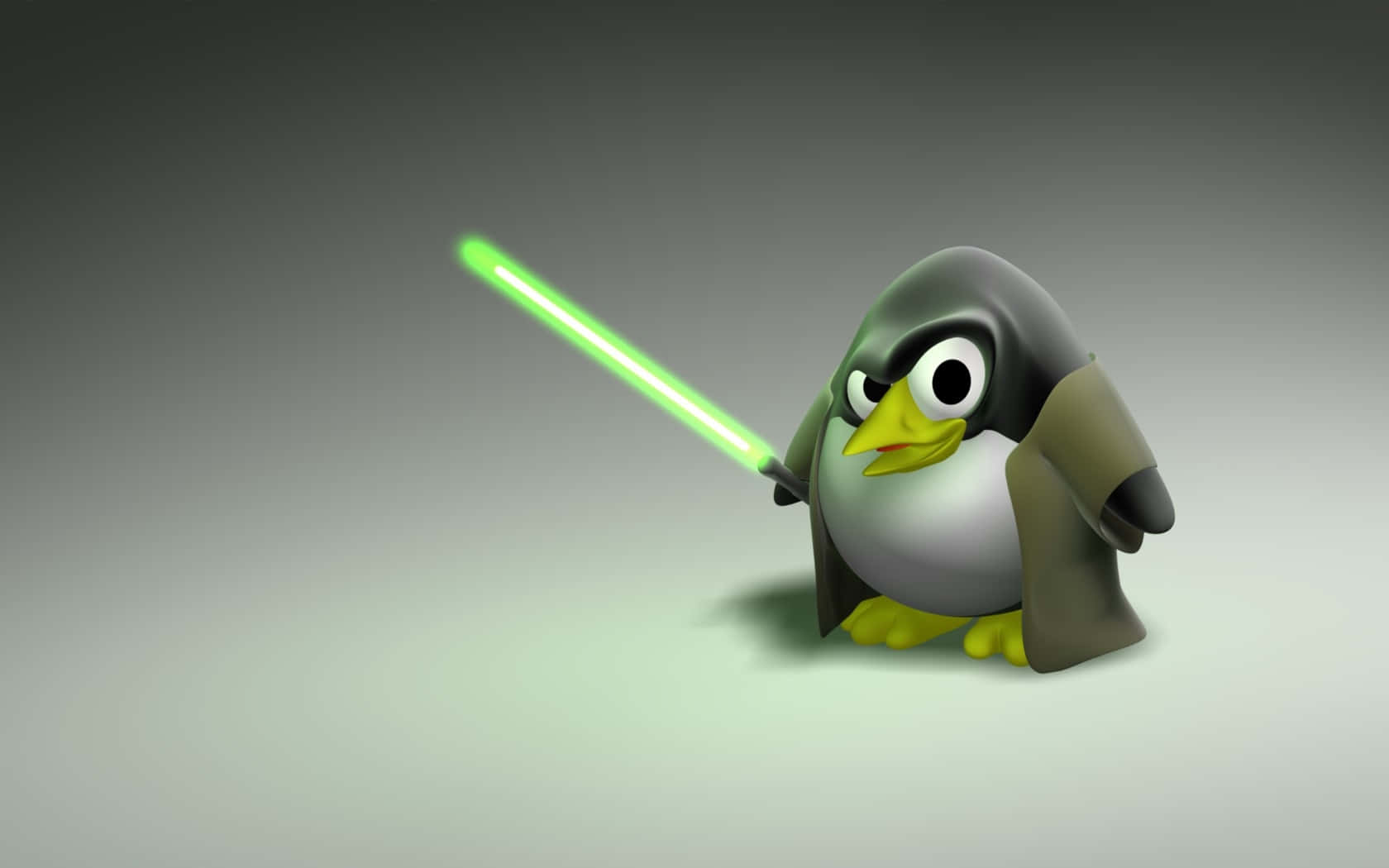 讓你的Linux桌面更出色，使用這款功能齊全的桌面背景 壁紙 — 一隻卡通企鵝在柔和漸變背景前拿著發光的綠色光劍。