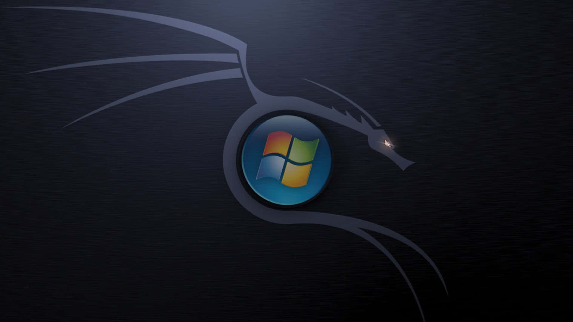 歡迎進入 Linux 的世界 壁紙 — 一條流暢的銀色龍剪影纏繞著發光的Windows標誌，背景為深色紋理。